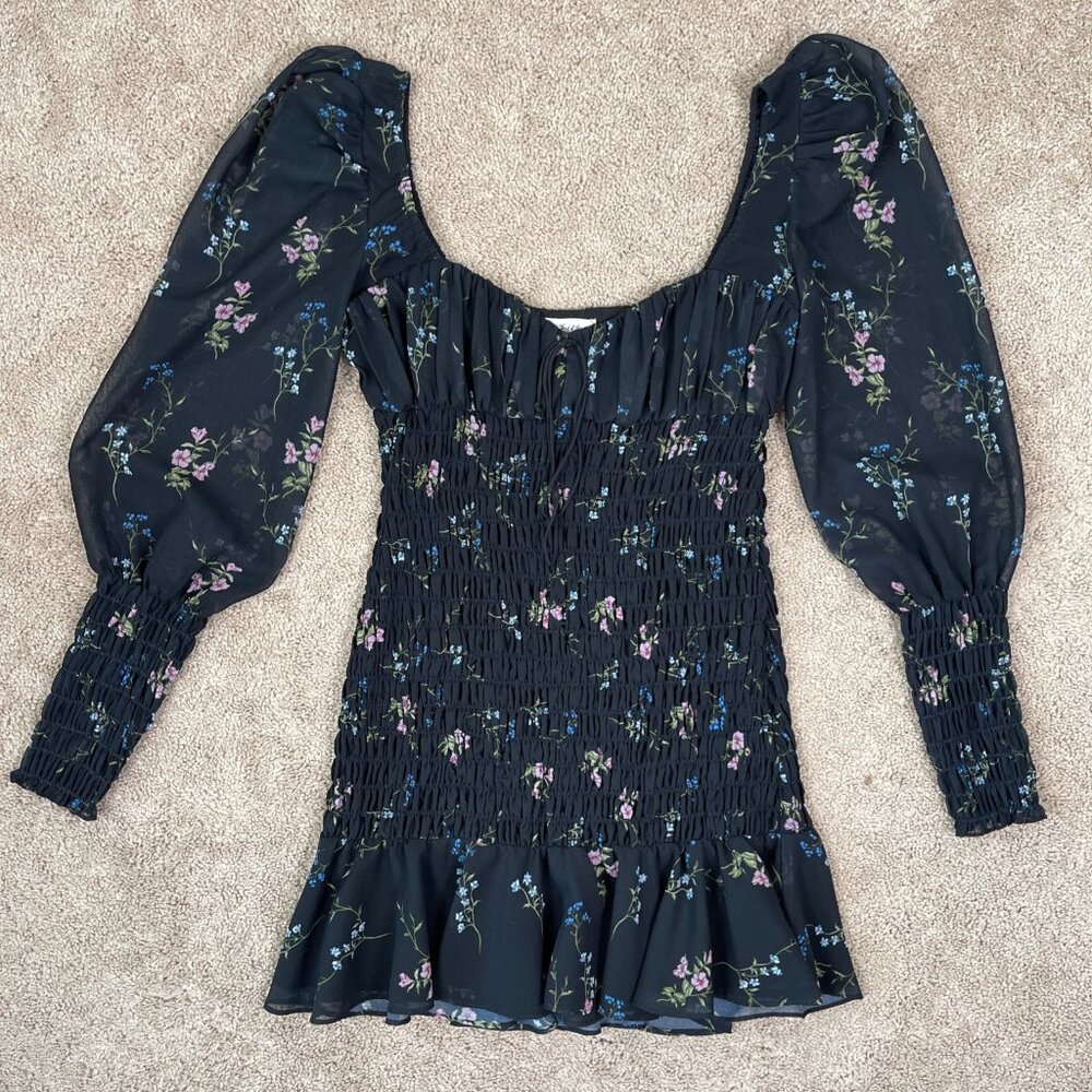 For Love & Lemons Dress Womens M Black Dixon Floral Smocked Mini Puff Milkmaid